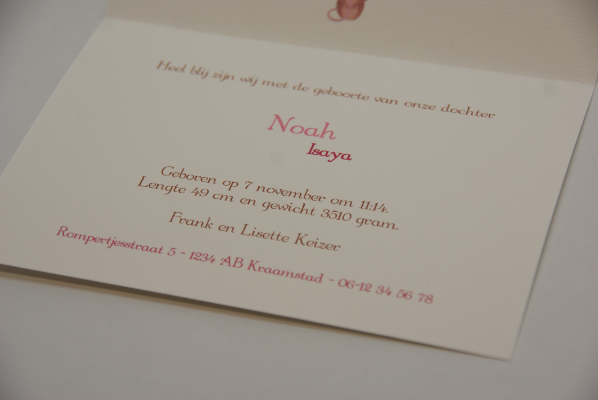 geboortekaartje noah lichtroze